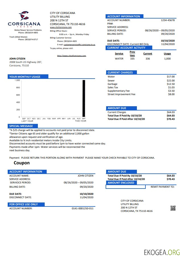 USA Texas City of Corsicana utility bill template in Word and PDF format